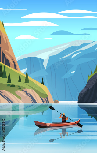 man tourist traveling in boat along mountain river beautiful scenery nature landscape background active summer vacation