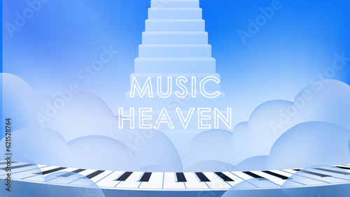 Heavenly curved piano keys with clouds and ladders with music heaven lettering on blue background.