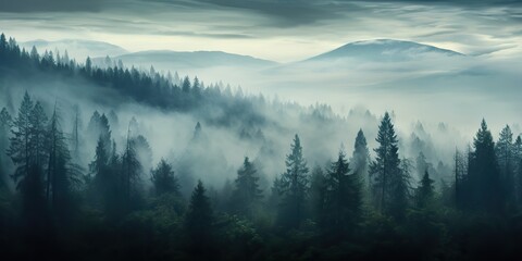 Foto auf Leinwand Wald AI Generated. AI Generative. Adventure outdoor nature mist fog clouds forest trees landscape background wild explore. Graphic Art  © Graphic Warrior