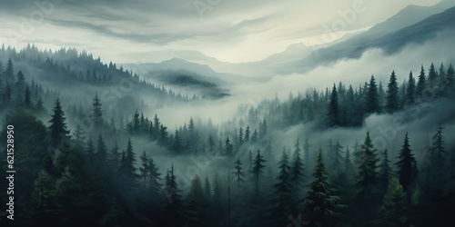 AI Generated. AI Generative. Adventure outdoor nature mist fog clouds forest trees landscape background wild explore. Graphic Art © Graphic Warrior