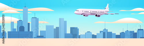 plane flying in sky over cityscape travel by airplane vacation adventure transportation travel concept