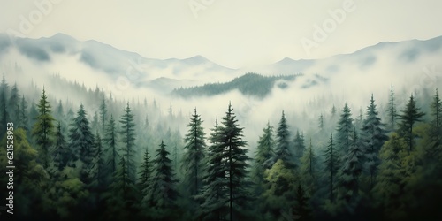 AI Generated. AI Generative. Adventure outdoor nature mist fog clouds forest trees landscape background wild explore. Graphic Art © Graphic Warrior