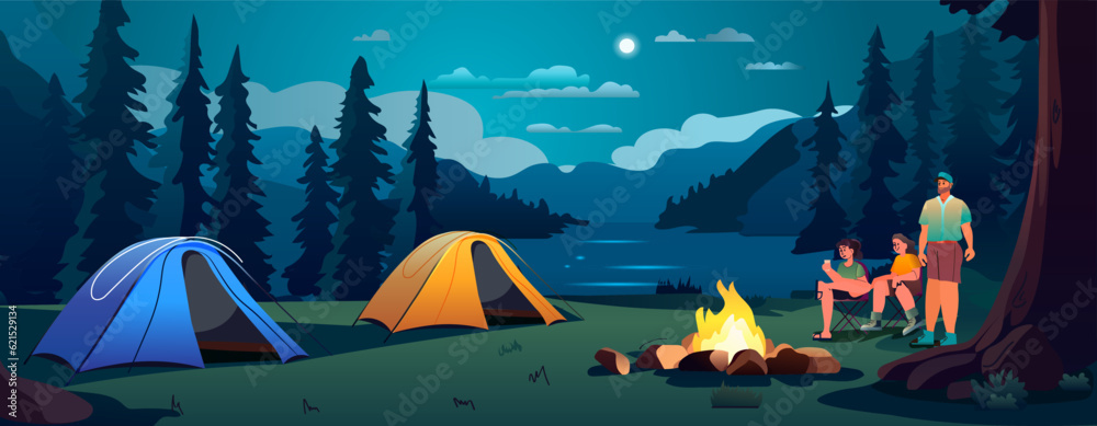 people near tent camping area with campfire night campsite summer camp travel vacation concept mountains landscape - obrazy, fototapety, plakaty 