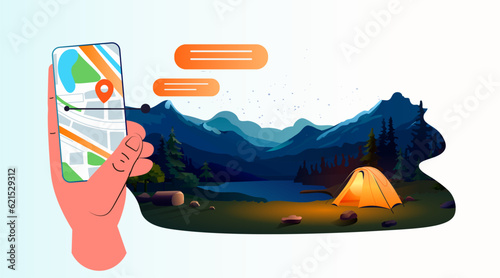 human hand using navigation map on smartphone screen tent camping area night campsite summer vacation concept