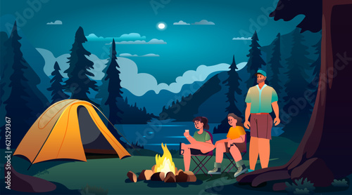 people near tent camping area with campfire night campsite summer camp travel vacation concept mountains landscape