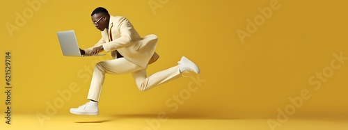 A man with a laptop on a light yellow-grey background-copyspace-Generative AI