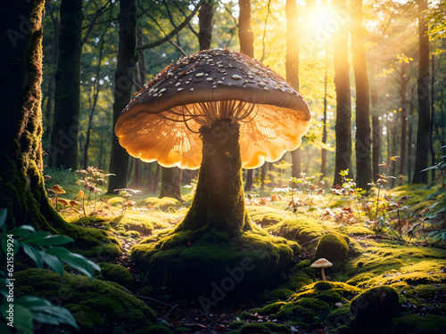 A mushroom in the forest with the sun shining through the trees