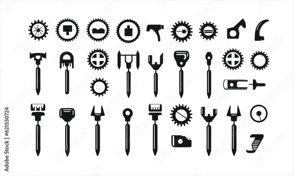 Set of tools and service icons. Screwdriver, wrench, and gear icon Glyph with a wrench and screwdriver. Setting up and fixing Set of tools and service icons. Screwdriver, wrench, and gear icon Glyph with a wrench and screwdriver. Setting up and fixing