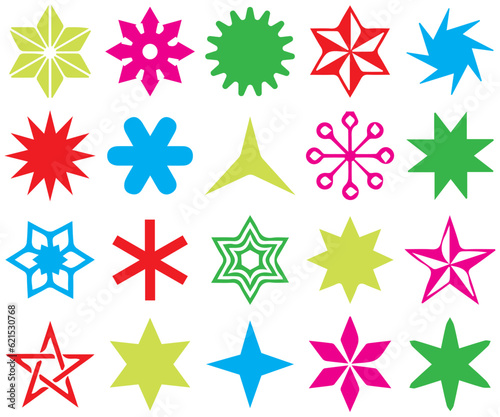 pattern with flowers  Brutalism shapes  minimalist geometric elements  abstract bauhaus forms. Simple star and flower shape  basic form  trendy modern graphic element vector set  star colour shap