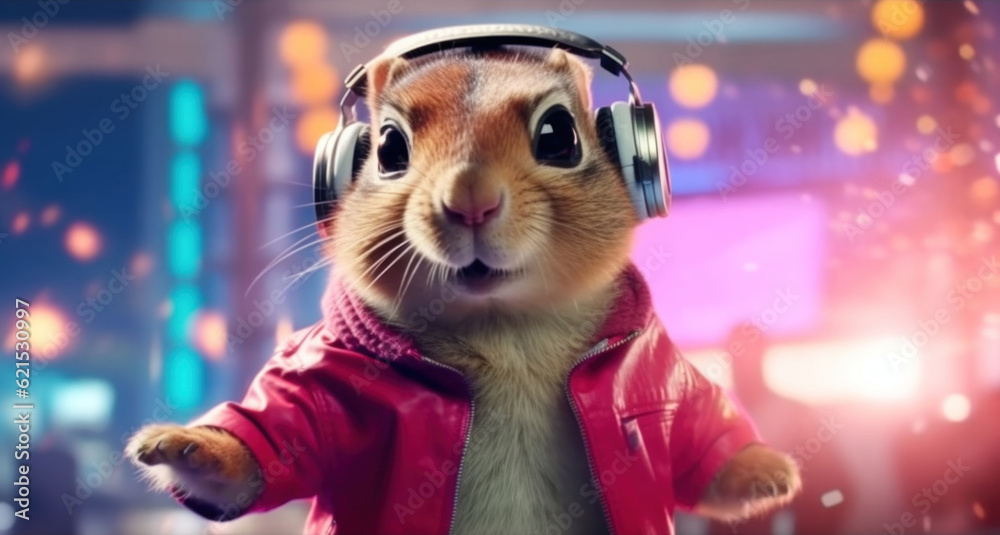 Stylish bright DJ chipmunk wearing big professional headphones dancing in the club, ai generative
