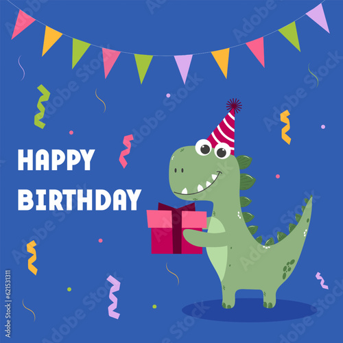 Birthday Card With Dinosaur Character. Vector illustration for children t-shirts, stickers, greeting cards. © Valeriya