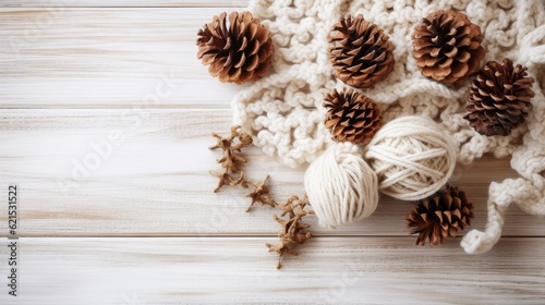 Christmas Day, Top view of Christmas composition. Christmas gift, knitted blanket, pine cones, fir branches on wooden white background. copy space. Generate Ai
