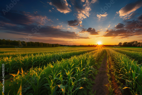 Sunset over corn field with blue sky and clouds  agricultural landscape  background