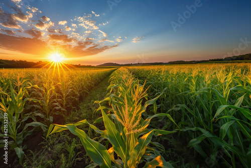 Fotografiet Sunset over corn field with blue sky and clouds, agricultural landscape, backgro