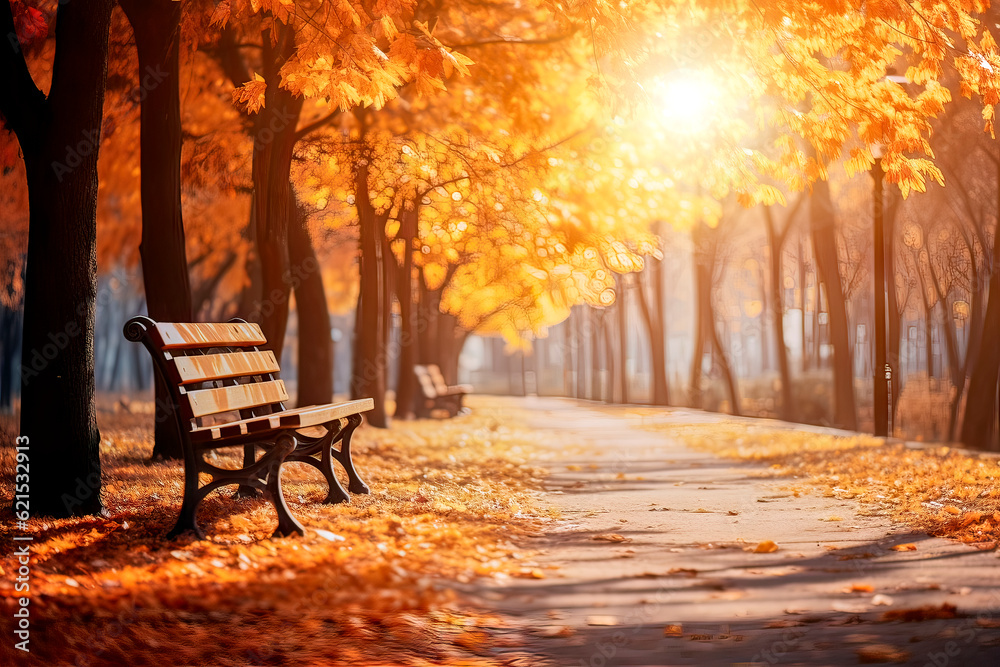 Backlit shot with sunbeams from a bench on a path next to an autumnal avenue, made with generative ai