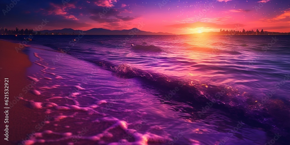 Violet sunset on beach sand holiday background. AI Generated