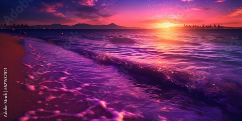 Violet sunset on beach sand holiday background. AI Generated