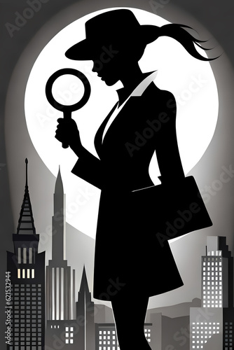 Female detective silhouette with magnifying glass