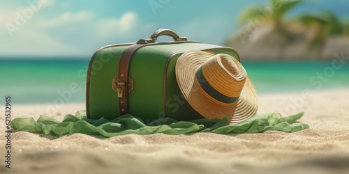 Straw hat and green suitcase on beach sand holiday background. AI Generated