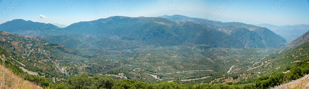  Aerial panoramic view from Arachova (Αράχωβα ) on Parnassos in the western part of Boeotia.