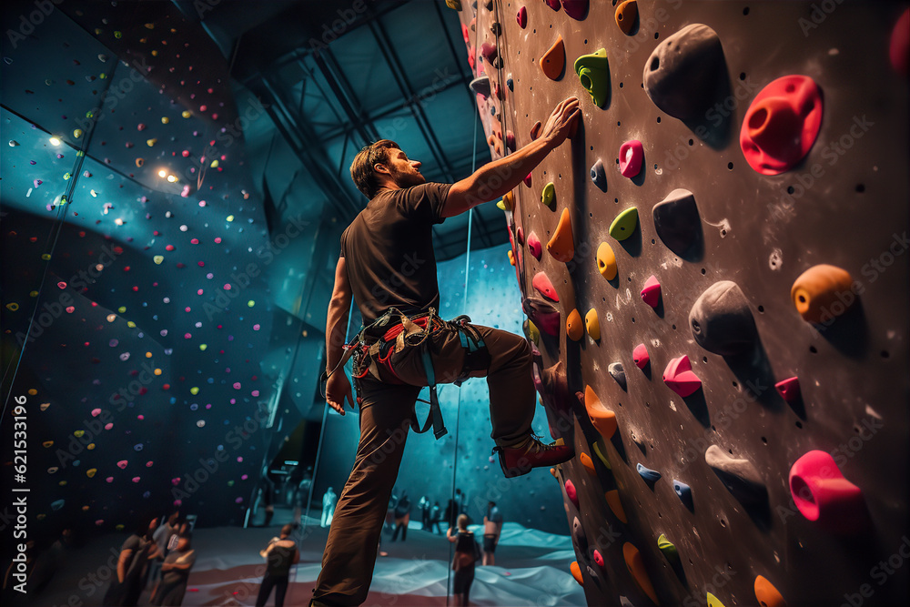 Vertical Challenge: man Pushing Limits on Bouldering Wall with Grips