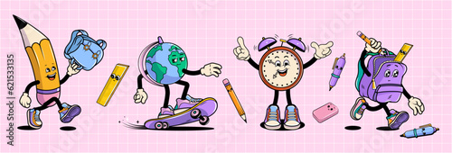 Back to school vector stickers set with walking funny cute comic characters. Lettering illustration for t-shirt print. Too cool for school, educational creativity supplies. Vector illustration.