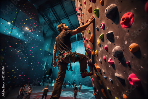 Vertical Challenge: man Pushing Limits on Bouldering Wall with Grips