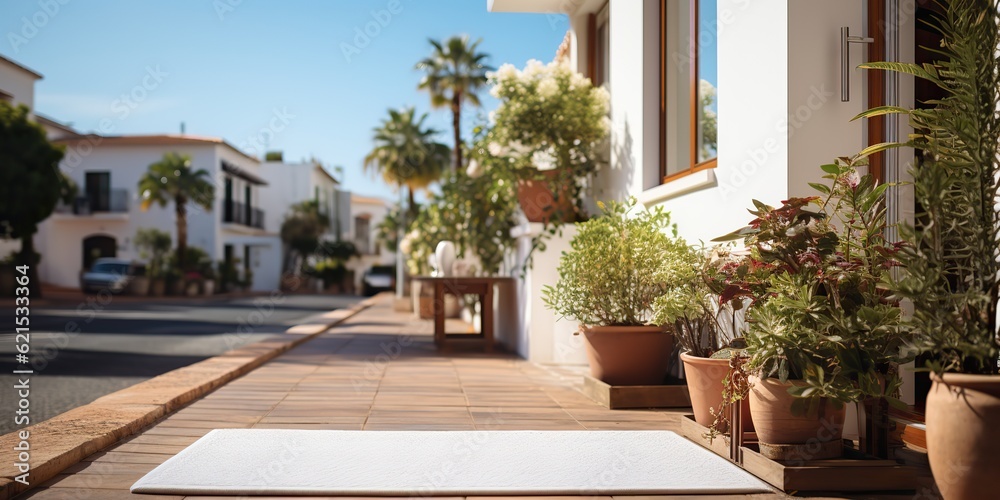 AI Generated. AI Generative. House outdoor nature terrace garden with doormat table chair and plants. Cozy home architecture relax vibe. Graphic Art AI Generated. AI Generative. House outdoor nature terrace garden with doormat table chair and plants. Cozy home architecture relax vibe. Graphic Art