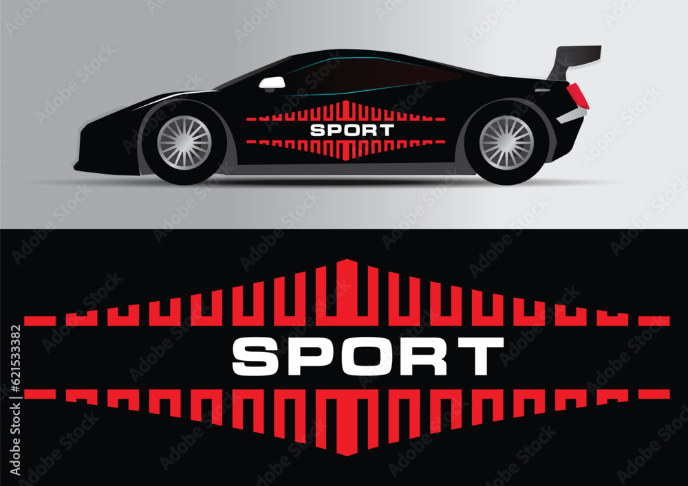 	
Sport car decal stripes. Car tuning stickers, speed racing stripes. Red markings for transport. Isolated on black background P134