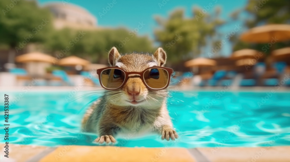 Funny Chipmunk in sunglasses in swimwing pool at resort, ai generative
