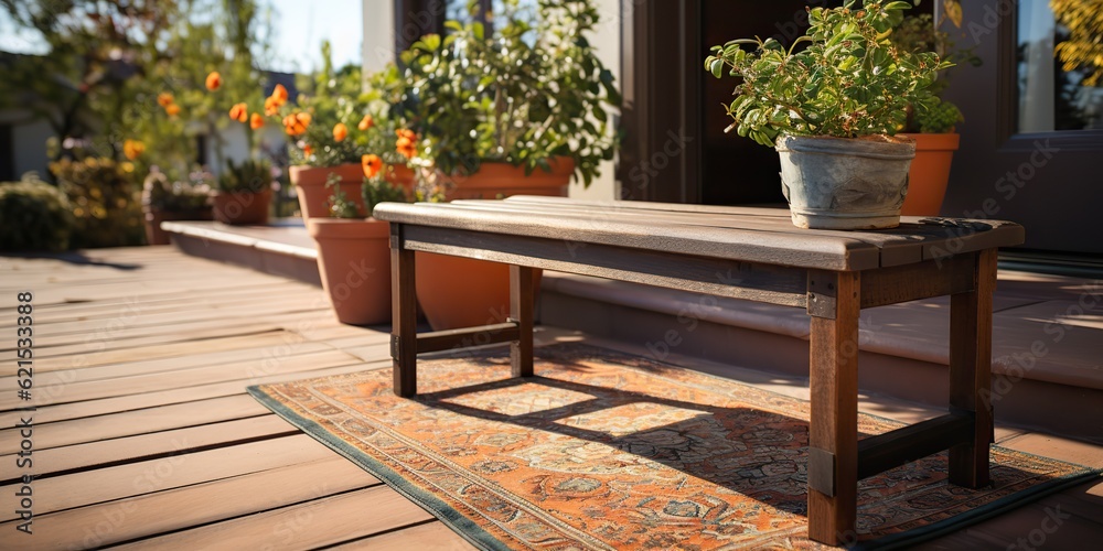 AI Generated. AI Generative. House outdoor nature terrace garden with doormat table chair and plants. Cozy home architecture relax vibe. Graphic Art AI Generated. AI Generative. House outdoor nature terrace garden with doormat table chair and plants. Cozy home architecture relax vibe. Graphic Art