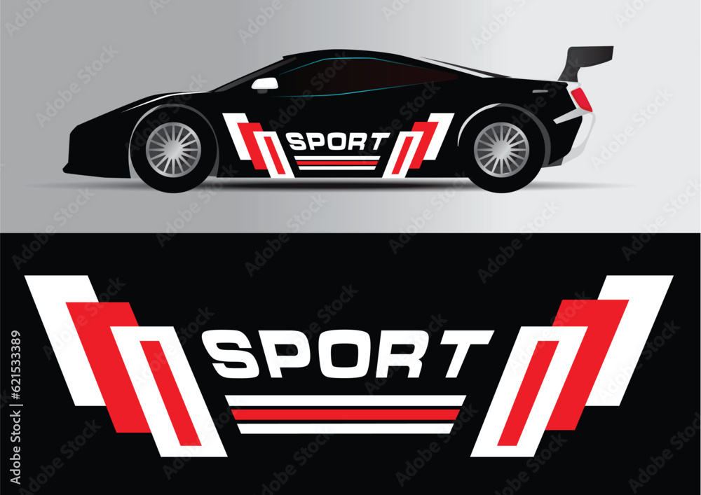 	
Sport car decal stripes. Car tuning stickers, speed racing stripes. Red markings for transport. Isolated on black background P132