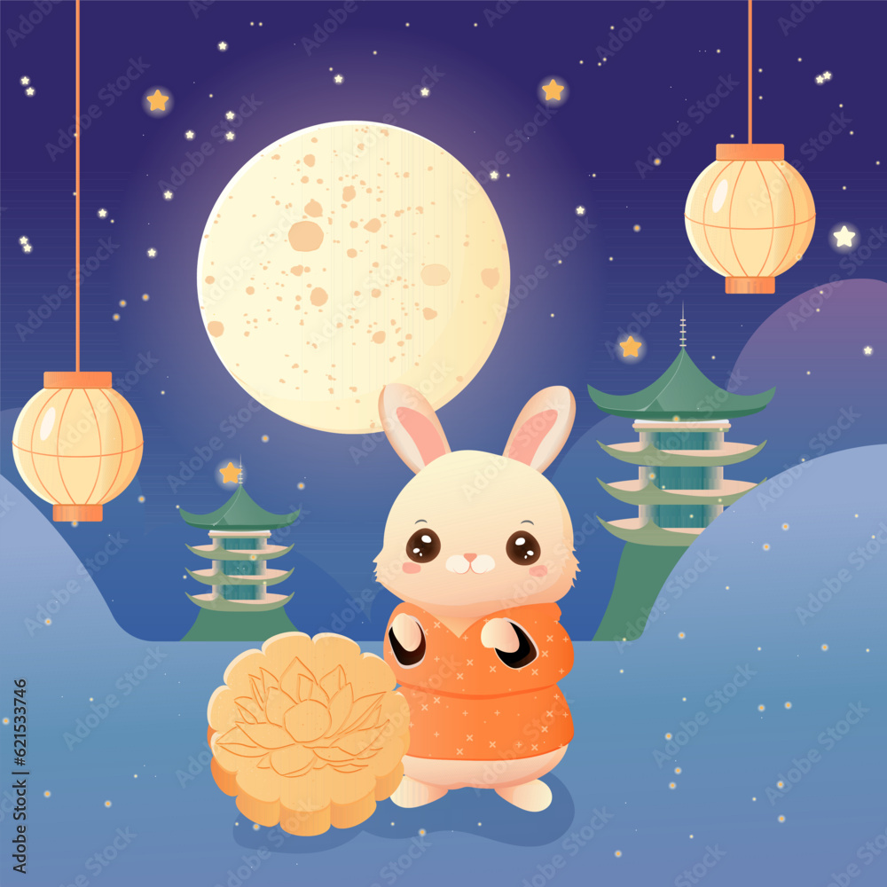Rabbit, moon cake mid autumn festival pagodas