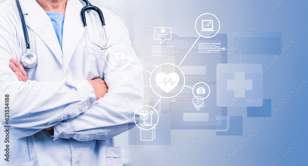 Comprehensive Medical Services, Doctor with Stethoscope and Iconic Medical Technology Comprehensive Medical Services, Doctor with Stethoscope and Iconic Medical Technology