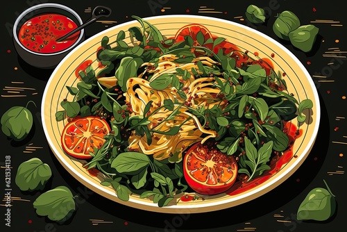 A pasta plate with tomatoes, basil, and sauce on it. (Illustration, Generative AI)
