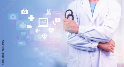 Future-Forward Healthcare Management: Doctor and Medical Icons Embracing Technology