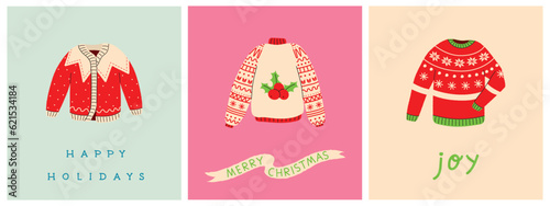 Cute card with ugly sweater Christmas holiday party. Cartoon style vector illustration. Pre-made card, print or design template.