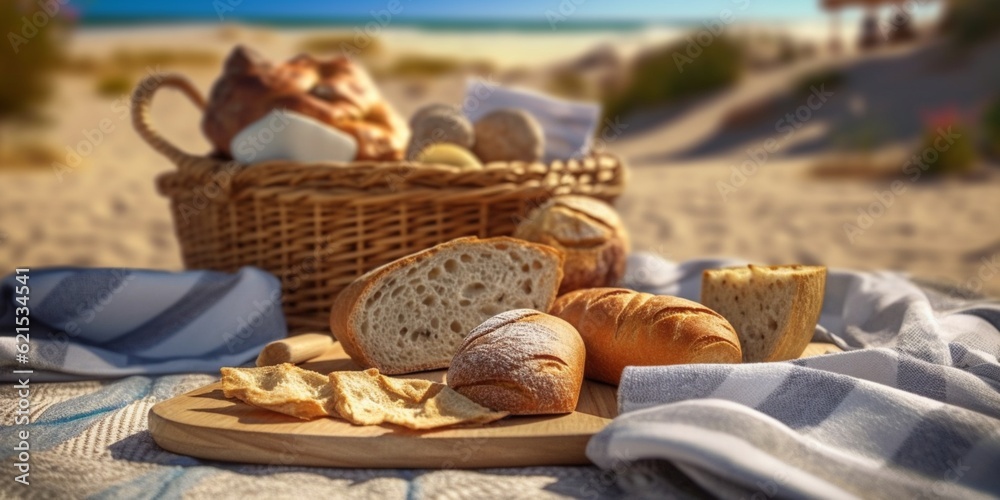 Picnic with bread on beach sand holiday background. AI Generated