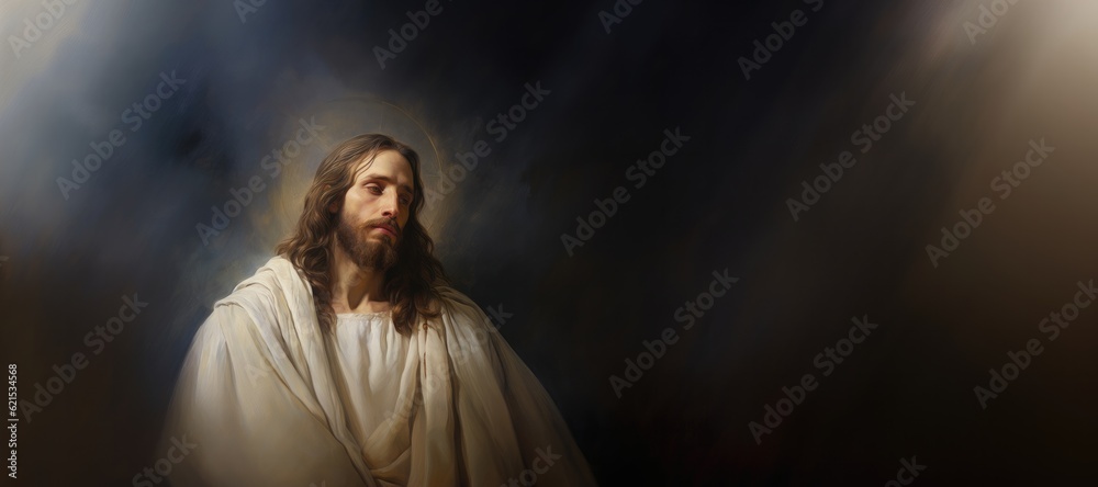 Jesus Christ portrait on black background. Horizontal banner with copy space