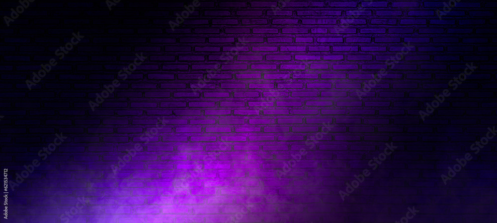 Brick wall texture pattern, blue, and purple background, an empty dark scene, laser beams, neon, spotlights reflection on the floor, and a studio room with smoke floating up for display products.