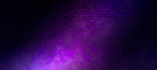 Brick wall texture pattern, blue, and purple background, an empty dark scene, laser beams, neon, spotlights reflection on the floor, and a studio room with smoke floating up for display products.
