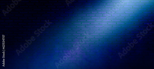 Brick wall texture pattern, dark blue background, an empty dark scene, laser beams, neon, spotlights reflection on the floor, and a studio room with smoke floating up for display products.