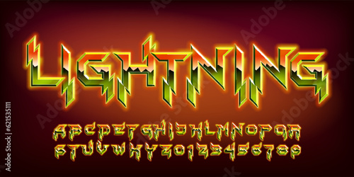 Lightning alphabet font. Glowing letters and numbers in hard rock style. Retro typescript for your typography design.