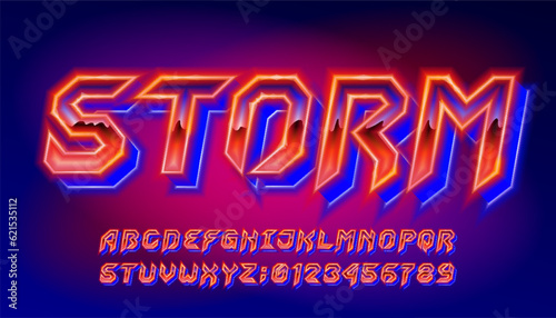 Storm alphabet font. Neon glow letters and numbers in hard rock style. Retro typescript for your typography design.
