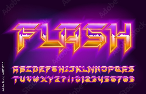 Flash alphabet font. Shining letters and numbers in hard rock style. Retro typescript for your typography design.