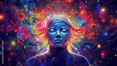 Consciousness of the universe, unity, psychedelic trip. New Age concept. AI generated.