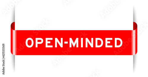 Red color inserted label banner with word open minded on white background