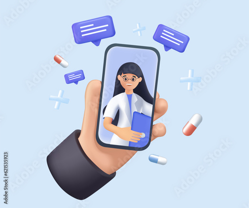 3D Online medical consultation. Close up of person hold smartphone talk speak on video call with doctor. Woman have webcam consultation on cellphone with therapist or GP. Internet communication. 3D