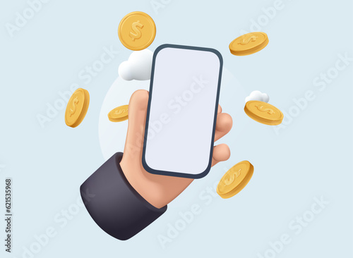 3D Digital Saving Money Online and blank space on phone. 3D cartoon style vector design illustrations. Cashback icon set, Return money, Cash back rebate