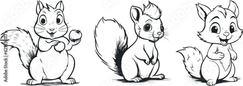 Squirrel vector Cartoon collection.Cute squirrels with furry tail in front of a white background. Cartoon squirrel holding nut and Set of squirrel in different pose.